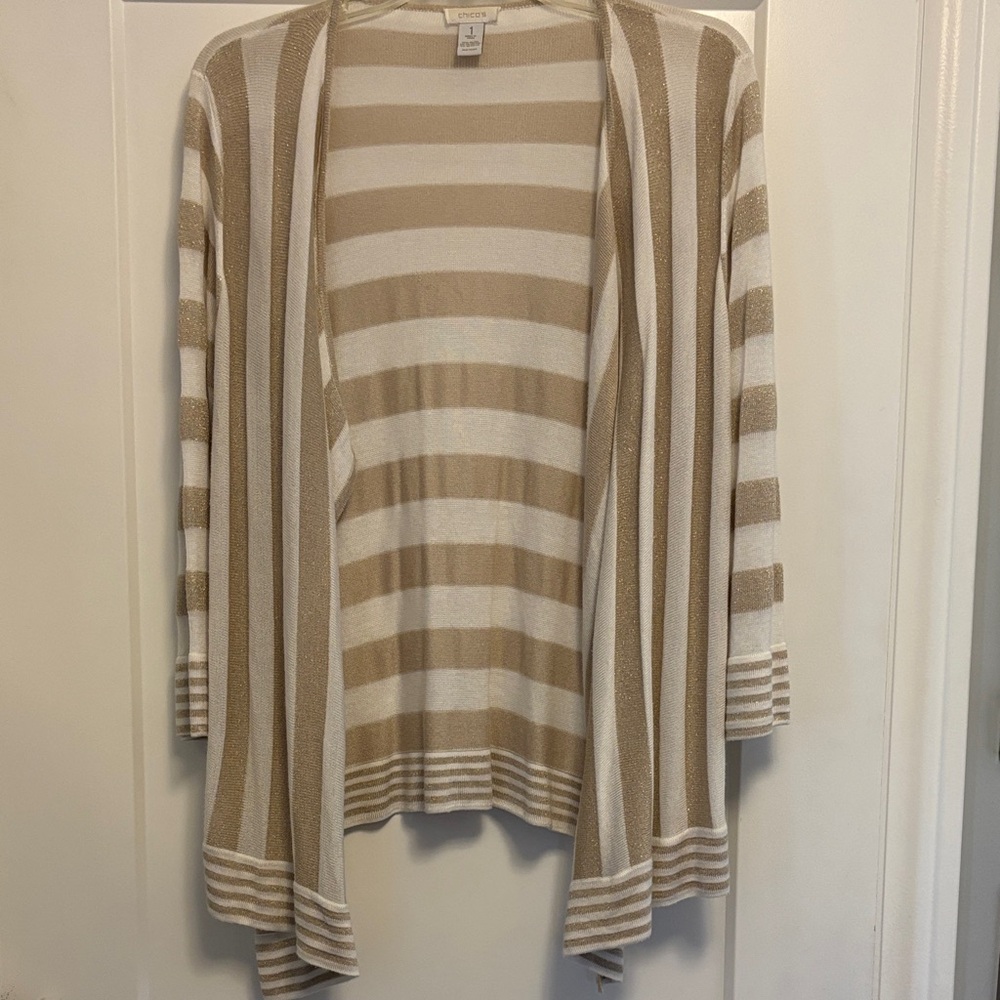 Chico's Shimmery Gold and Cream Striped Cardigan. Size 1